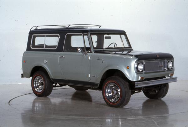 Color photograph of a 1969 International Scout Aristocrat pickup in a studio.