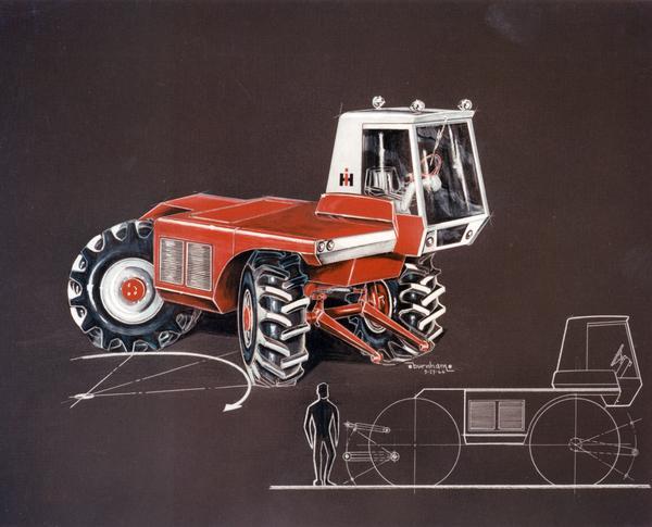 Conceptual drawing of an International harvest and tillage vehicle prepared by K.W. Burnham for International's Farm Equipment Research and Engineering Center, Tractor Group.