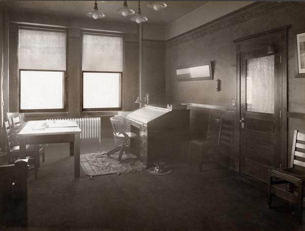 Interior of Cyrus Hall McCormick, Jr.'s first office at the Harvester Building on 606 S. Michigan Avenue. Mr. McCormick was president of the McCormick Harvesting Machine Company from 1884 to 1902, and president of International Harvester Company after 1902.