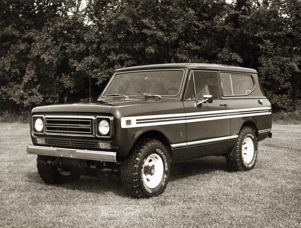 Advertising photograph of the International Scout II truck. This model is described as a sports/utility vehicle with engine choices of a four-cylinder and two V8  engines plus a six-cylinder diesel engine.