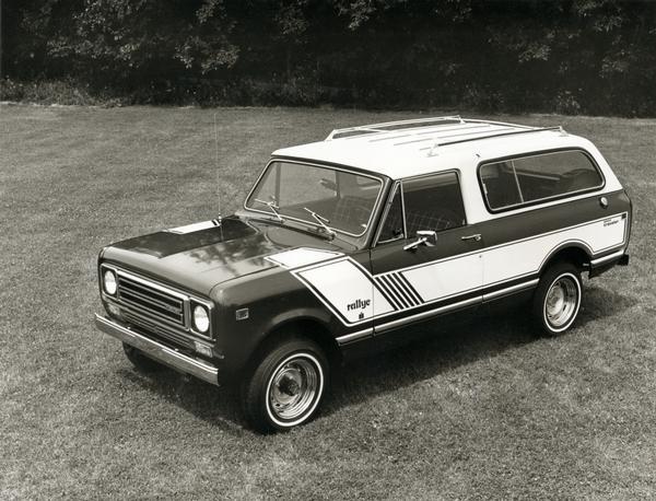 Advertising photograph of the International Scout traveler.  The traveler featured a hatchback, 118 inches wheelbase and optional four-wheel drive. News Photo sheet reads: "The 1979 International Scout Traveler has a long 188-in. wheelbase which gives it plenty of room for passengers and their gear. Traveler's long wheelbase also gives it added stability for trailer towing. A rear hatchback opens easily with air-cylinder assist. Optional four-wheel drive provides extra traction in poor driving conditions."