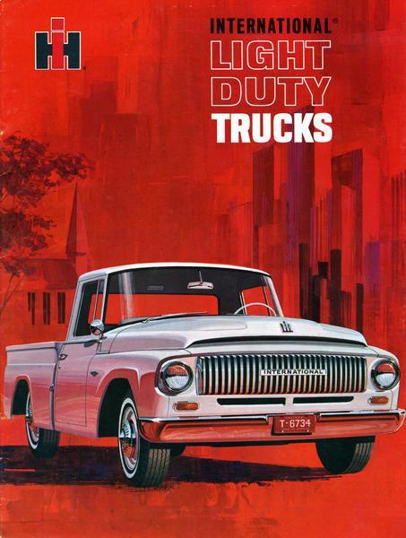 Front cover of an advertising brochure for International D-Line light-duty pickup trucks featuring color illustration of truck.