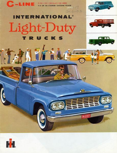 Front cover of an advertising brochure for the International C-Line of light-duty trucks. Cover features a color illustration of people engaged in a variety of activities lined up behind an International C-line pickup truck.