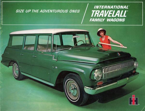 Front cover of an advertising brochure for the 1966 line of International Travelall family wagons featuring color photograph showing a woman measuring a station wagon with a yardstick under the slogan: "Size up the adventurous ones."