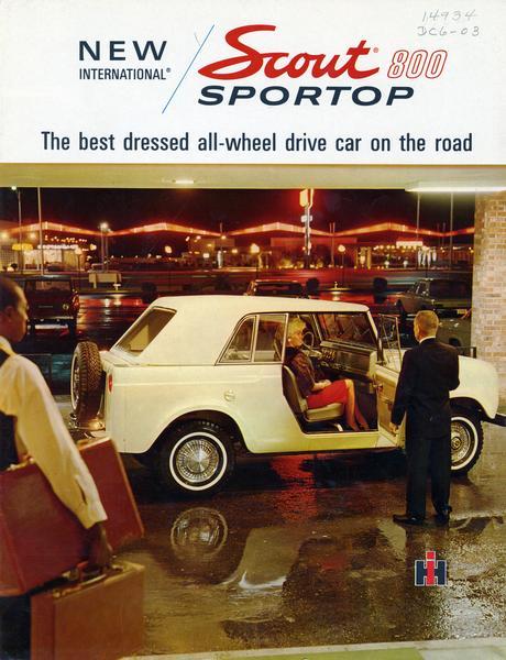 Front cover of a color advertising brochure for the International Scout 800 Sportop featuring the slogan: "The best dressed all-wheel drive car on the road." Features an image of an attendant opening the door of a truck for a woman at a hotel.