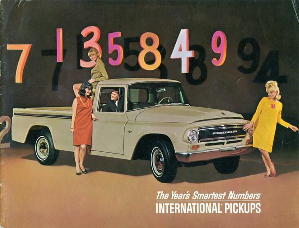 Front cover of an advertising brochure for the 1967 line of International pickups showing color illustration of three young women and a young man with an International pickup truck. A series of numbers are suspended above the scene with the slogan: "The Year's Smartest Numbers".