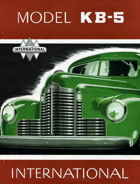 Front cover of an advertising brochure for the 1949 line of International Model KB-5 trucks. Features a color illustration of the grill and front hood of a truck.