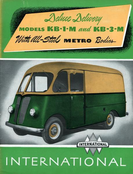 Front cover color illustration of advertising brochure for International model KB-1-M and KB-3-M Metro delivery trucks featuring all-steel bodies.