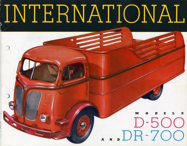 Front cover of an advertising brochure for 1939 International Model D-500 and DR-700 trucks. Features a color illustration of a "streamlined" International truck.