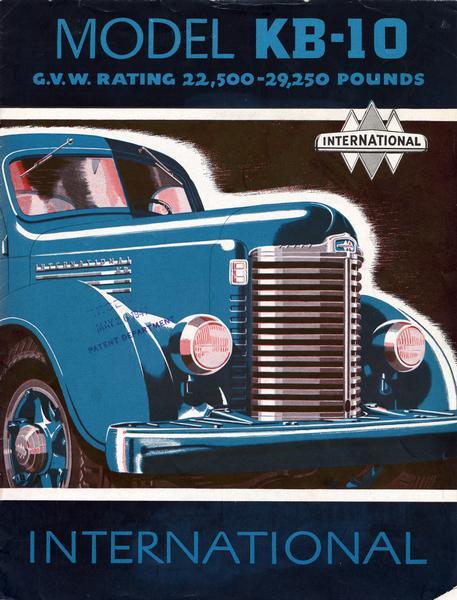 Front cover of an advertising brochure for International Model KB-10 trucks featuring color illustration of the truck.