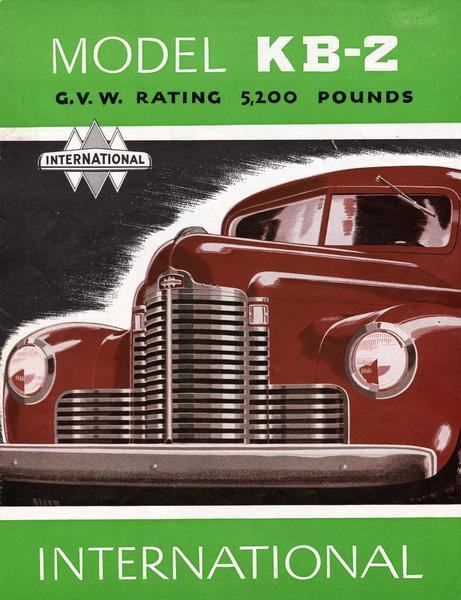 Front cover of an advertising brochure for International Model KB-2 trucks featuring color illustration of the truck.