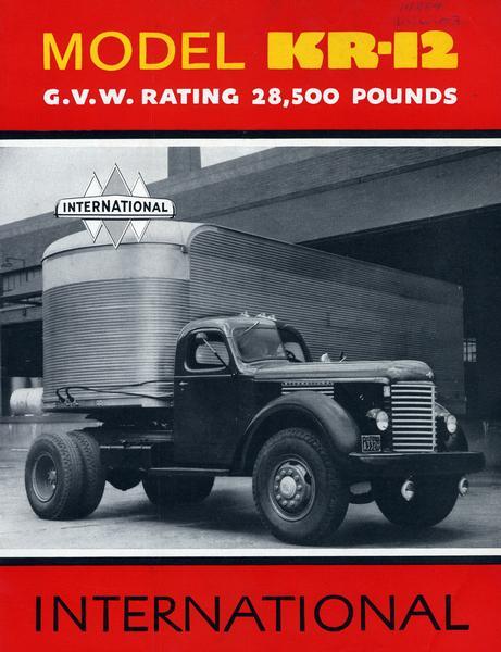 Advertising brochure for International Model KR-12 trucks featuring a driver backing a truck up to a warehouse loading dock.