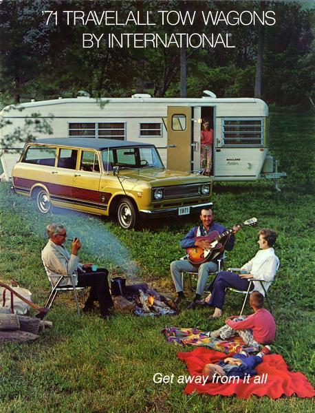 Front cover of an advertising brochure for International Travelall tow wagons with the slogan: "Get away from it all." Features color photograph of a camping scene with a family siting around a campfire. One of the men is playing a hollow body electric guitar.