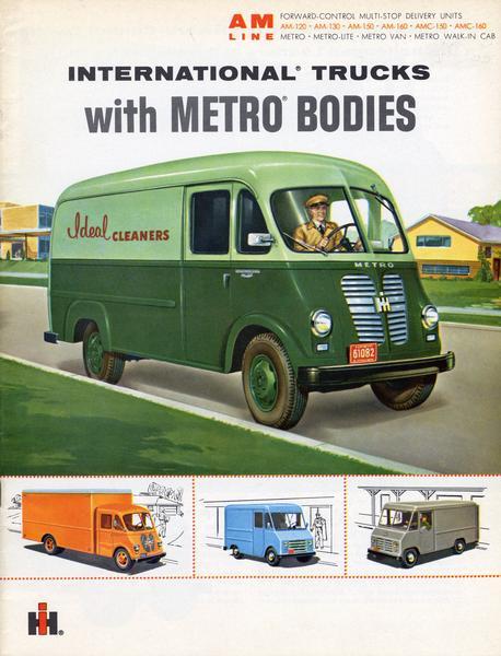Front cover of an advertising brochure for the 1962 line of International AM series trucks with Metro bodies. The cover features color illustrations of various models of Metro delivery trucks.