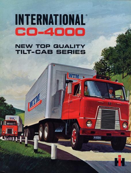 Front cover of an advertising brochure for International CO-4000 trucks with the "new top quality tilt-cab." Cover features color illustration of two delivery trucks operated by WTM Transport.