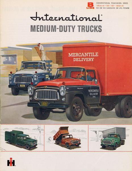 Front cover of advertising brochure for the 1965 line of International B-series medium-duty trucks. Cover features color illustrations of various delivery trucks.