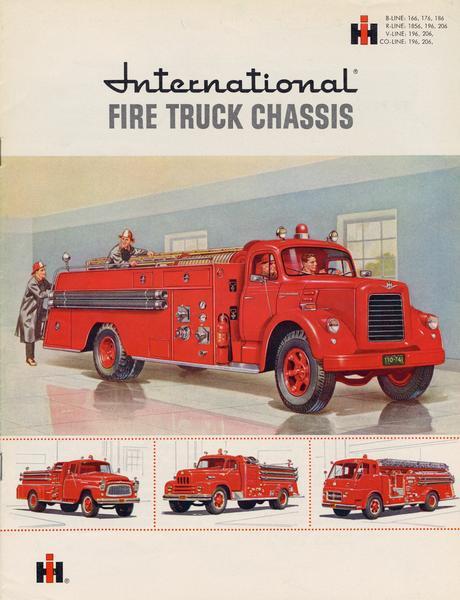 Front cover color illustration of an advertising brochure for International B-line, R-line, V-line and CO-line fire truck chassis.