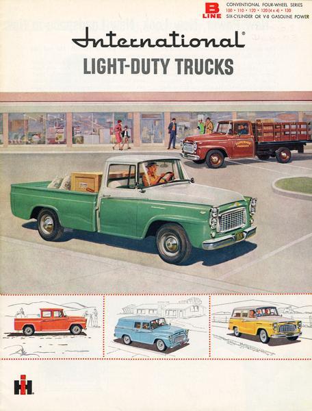 Front cover, featuring color illustration, of an advertising brochure for the 1960 line of International B-series light-duty trucks, conventional and four-wheel series. Models include the B-100, B-110, B-120, B-120 (4x4), and B-130.