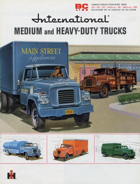 Advertising brochure, featuring color illustrations, for International BC-series medium and heavy-duty trucks, compact design four-wheel series. Models covered include the BC-15-, BC-16-, BC-170, BC-170 (4x4), BC-180, BC-180 (4x4), and BC-1890 six cylinder of v-8 gasoline or LPG power.