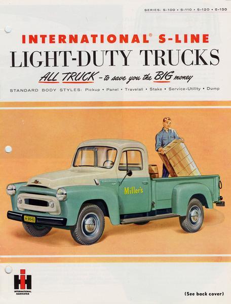 Front cover of an advertising brochure for the 1955 line of International S-series light-duty trucks. Features a color illustration of a man loading furniture into the back of an S-100 truck.