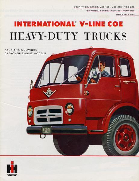 Advertising brochure, featuring a color illustration, for the 1956 line of International V-series Cab-Over-Engine (COE) heavy-duty trucks, four and six wheel models. Models covered include the four-wheel VCO-190, VCO-200, and VCO-220; and the six-wheel VCOF-190 and VCOF-200.