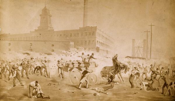 Photograph of a painting depicting police in a horse-drawn wagon firing into a crowd of striking workers near the McCormick Harvesting Machine Company factory.