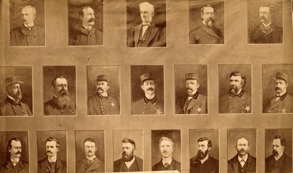 Portraits of twenty men involved in the Haymarket Square Riot and aftermath  [left to right, top line]: Geo. Ingram, Attorney; Julius S. Grinnell, State's Attorney; Judge Jos. E. Gary; Capt.  Wm. P. Black, Attorney; Wm. A. Porter, Attorney; [middle line] Capt.  Wm. Buckley; Capt. A. W. Hathaway; Capt. Michael Schaack; Fredrick Eberhold, Chief of Police; John Bonfield, Inspector of Police; Capt. Simon O'Donnell; Capt. Wm. Ward; [bottom line]  Alb't R. Parsons, Aug. Spies, Louis Lingg; Sam'l Fielden; Adolph Fischer; Mich'l Schwab; Geo. Engel; Oscar W. Neebe.  A riot erupted after someone threw a dynamite bomb that exploded, killing and wounding many police and civilians.