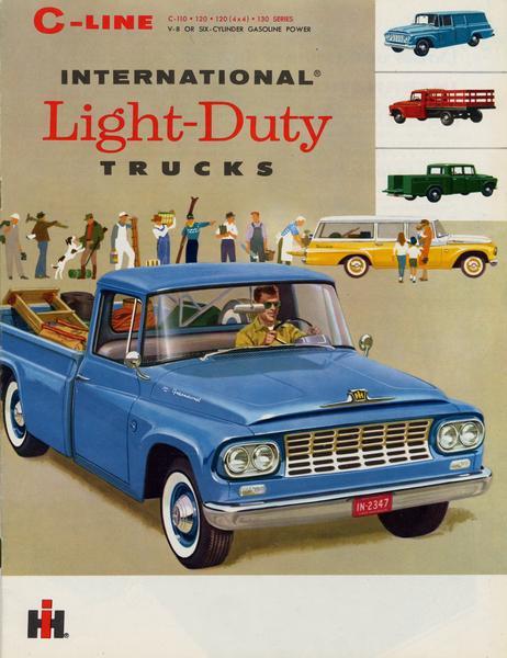 Cover of an advertising brochure for International C series light-duty trucks. Features a color illustration of various professionals lined up behind a Travelall pickup truck.