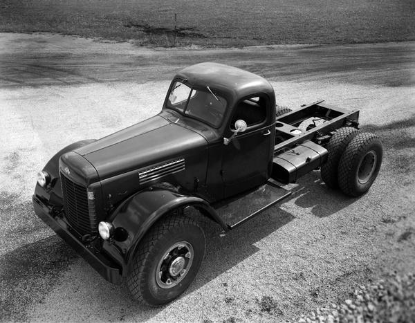 International KBR-14 semi-truck, the largest truck built at the time at International Harvester's Fort Wayne Works. Produced from 1947-1949, the KBR was designed especially for off-highway use, adaptable for coal strip mining, iron ore mining and for use in stone quarries. It was also used as a snowplow unit. Featuring a gross vehicle weight (GVW) of 30,000 pounds and a heavy-duty rear axle capable of carrying 28,850 pounds, the KBR-14 came in three wheel bases, 161, 179 and 215 inches.