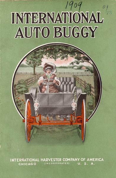 Catalog cover for the International auto buggy featuring a color illustration of a woman driving one of the vehicles. The IH product name is another example of the manner in which early automobiles were seen as horseless carriages, rather than an entirely new form of transportation.