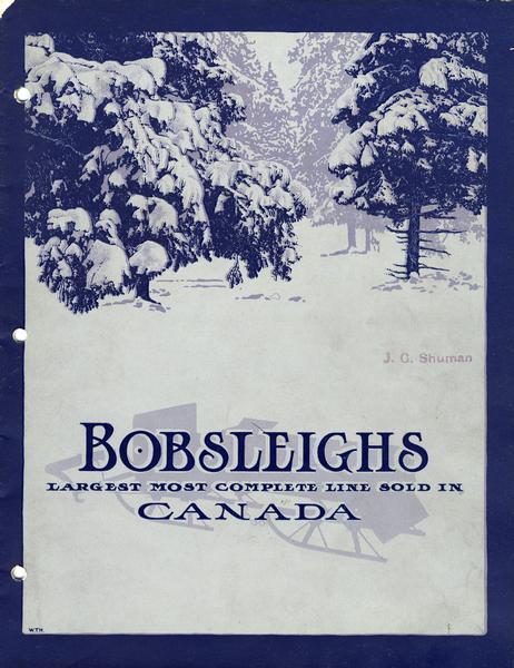 Cover of an advertising catalog for Canadian bobsleighs sold by International Harvester. Features a snow-covered forest scene in shades of blue. Title reads: "Bobsleighs, Largest Most Complete Line Sold In Canada."