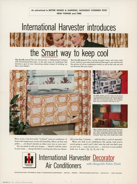Advertisement for International Harvester decorator air conditioners. Features images of air conditioners covered with fabric to match their surrounding decorating scheme. Also includes an image of two women apparently gazing at an air conditioner.