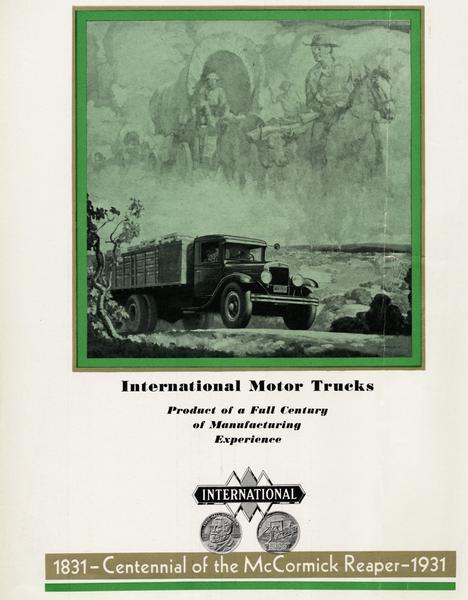 Advertisement for International Trucks announcing the Centennial of the McCormick Reaper ("reaper centennial"). Features an illustration of a truck on the road with the image of covered wagons in the clouds above.
