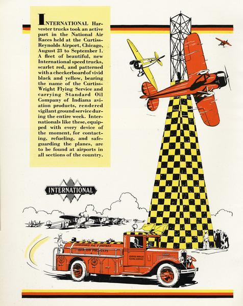 Advertisement for International trucks featuring the National Air Races held at Curtiss-Reynolds Airport in Chicago, Illinois. Includes color illustrations of airplanes and an International ground service truck bearing the name "Curtiss-Wright Flying Service." The truck is carrying "Standard Oil Company aviation products."