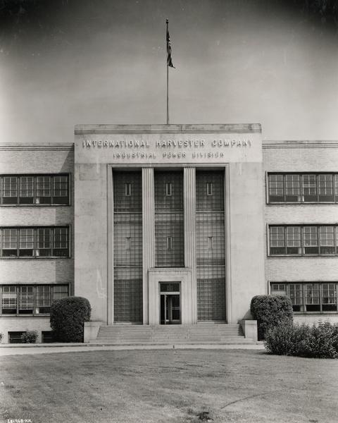 Front doors of the Administration Building of International Harvester's Industrial Power Division at Melrose Park Works.