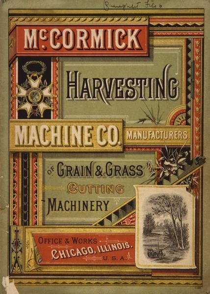 Cover of a McCormick Harvesting Machine Company catalog with an illustration of a mower in a field.