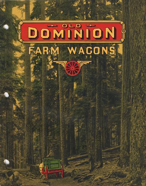Cover of an advertising catalog for farm wagons from International Harvester of Canada. Features a color illustration of a man driving a horse-drawn wagon through the woods.