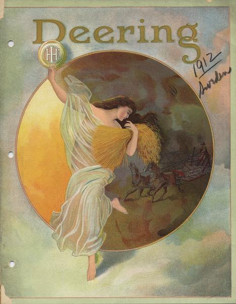 Cover of a Deering farm implement catalog written in Swedish. Features an image of a "goddess" figure holding an International Harvester logo and a bundle of wheat. There is a horse-drawn grain binder in a field below.