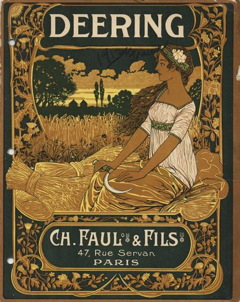 Cover of a Deering farm implement catalog written in French. The cover features a lithograph of a woman sitting in field among bundles of grain holding a sickle.