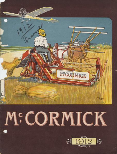 Cover of a McCormick farm implement catalog written in French. The cover bears a color lithograph illustration of a farmer harvesting grain in a field with a horse-drawn grain binder and looking up at an airplane.