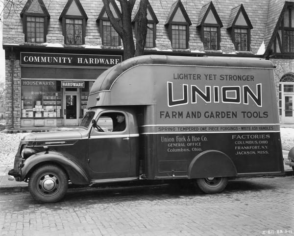 International model D-15 truck with special body parked outside the "Community Hardware" store. The truck was owned by the Union Fork and Hoe Company of Columbus, Ohio.