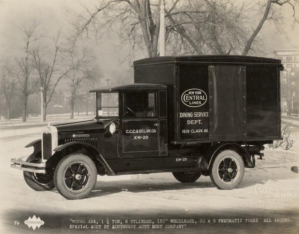 International S-24 truck with special body parked on a snowy street. The truck was owned by the New York Central Lines Dining Service Department.