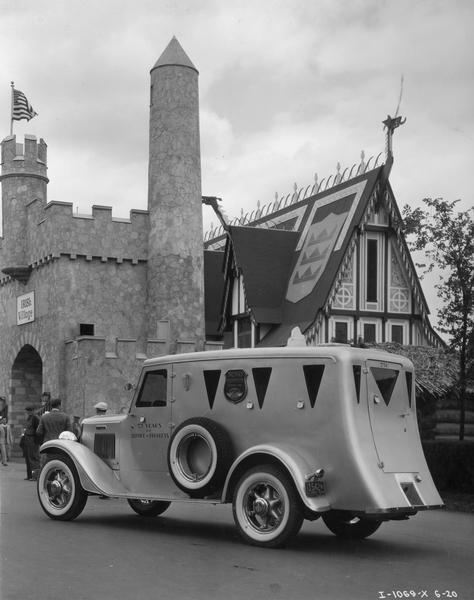International C-30 armored truck built for Brinks, Incorporated. The truck is parked at the "Irish Village" exhibit at the "A Century of Progress" world's fair in Chicago.
