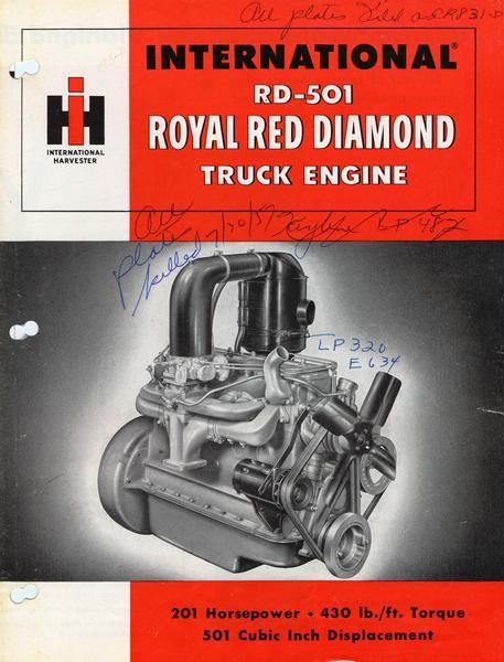 Cover of an advertising brochure for the International RD-501 Royal Red Diamond truck engine.