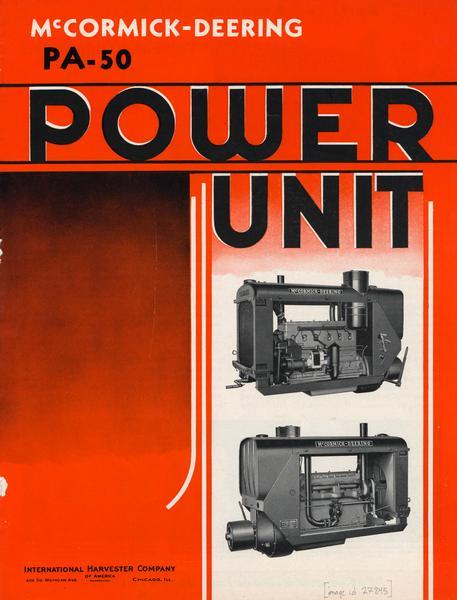 Cover of an advertising brochure for McCormick-Deering PA-50 power units.