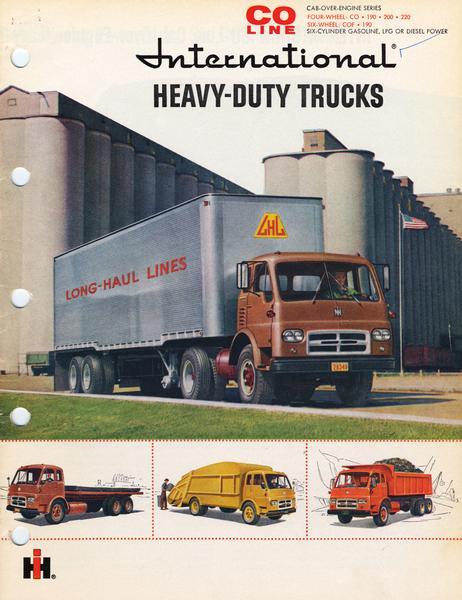 Cover of an advertising brochure, featuring color illustrations, for International CO [cab-over engine] heavy-duty trucks with Red Diamond engines.