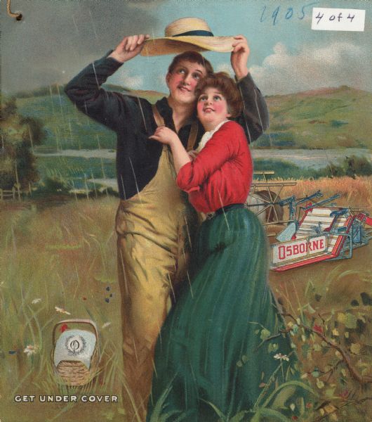 Cover of an advertising catalog for International Harvester's line of Osborne harvesting machinery. The color illustration shows a man and a woman standing in a field. He is holding his hat over both their heads to keep out the rain. An Osborne binder and a picnic basket are both abandoned. "Get under cover" is printed in the bottom left corner.