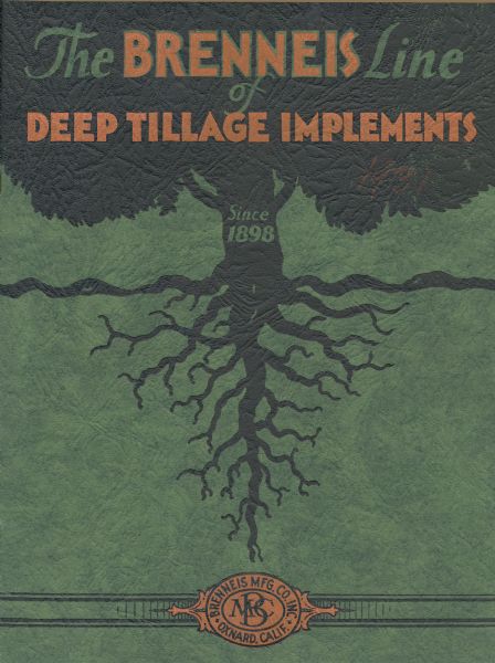 Cover of an advertising brochure for the Brenneis line of deep tillage implements showing a tree and its roots.