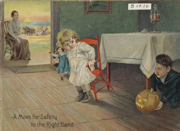 Front cover of a catalog for the McCormick Harvesting Machine Company.  The illustration portrays a little girl being frightened by a little boy. The girl is holding a doll and lifting herself out of her child-size red chair. The boy is kneeling behind the table holding out a jack-o-lantern to frighten her. A woman sits in the open doorway. A man using a McCormick harvester is seen through the doorway working in a field.