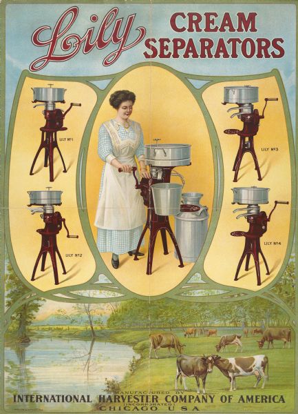 Advertising poster for Lily brand cream separators featuring a color illustration of a woman operating a hand crank cream separator. Below is a scene of cows grazing near a stream. Printed by Hayes Litho. Co., Buffalo, New York.